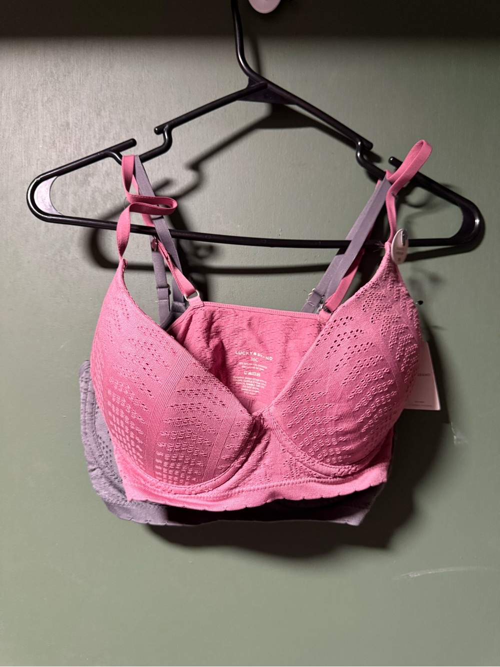 Lucky Brand Pink Lace Wireless Bra with Gray Straps